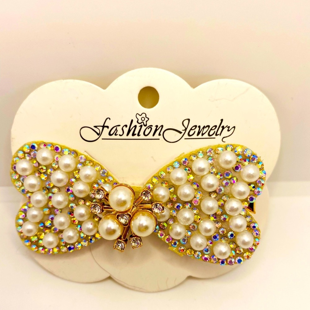 Hair Barrette Bow faux pearl crystals iridescent